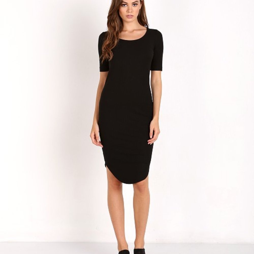 Bella Luxx Ribbed Short Sleeve Shirt Tail Midi Dress Black LBD Revolve S